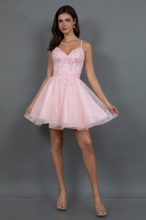 Juliet 985L Glitter Floral Applique Corset Tulle Short Dress