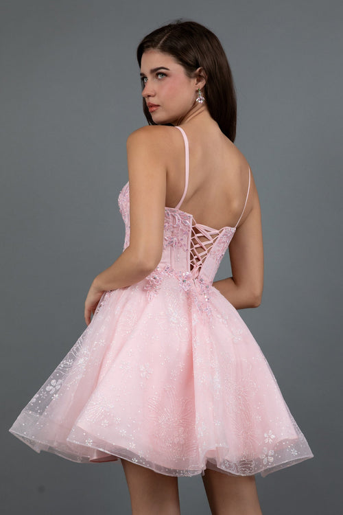 Juliet 985L Glitter Floral Applique Corset Tulle Short Dress