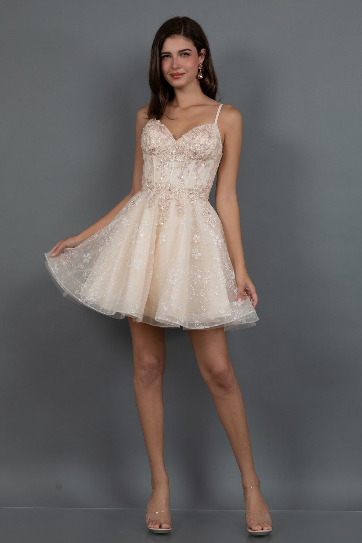Juliet 985L Glitter Floral Applique Corset Tulle Short Dress