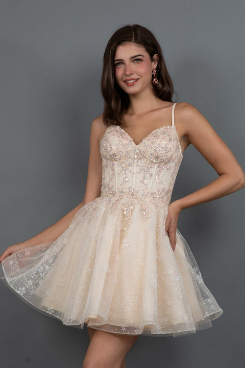 Juliet 985L Glitter Floral Applique Corset Tulle Short Dress