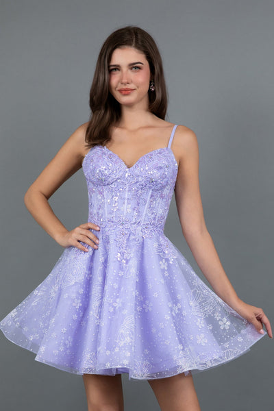 Juliet 985L Glitter Floral Applique Corset Tulle Short Dress