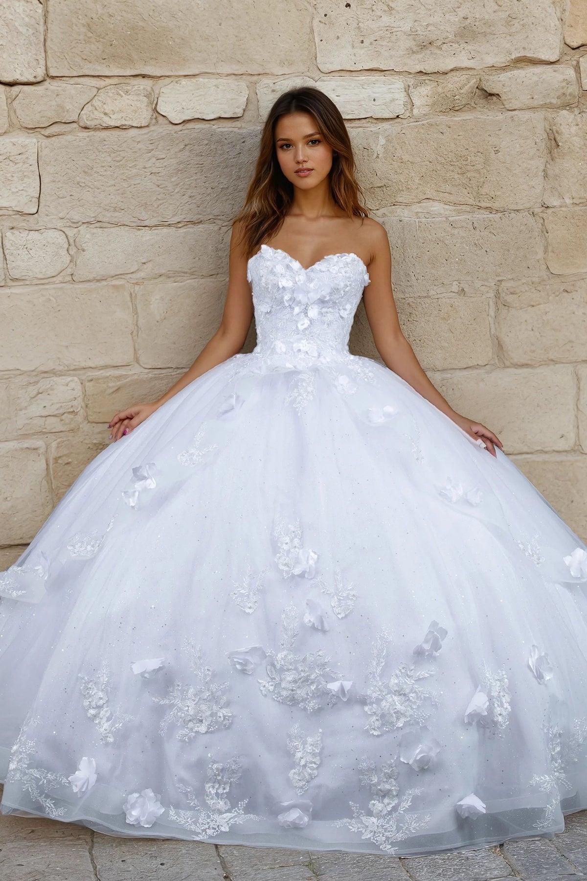 white glitter tulle dress Juliet 1495HW 3D Floral Appliqué Strapless Wedding Ball Gown glitter sparkle wedding dress