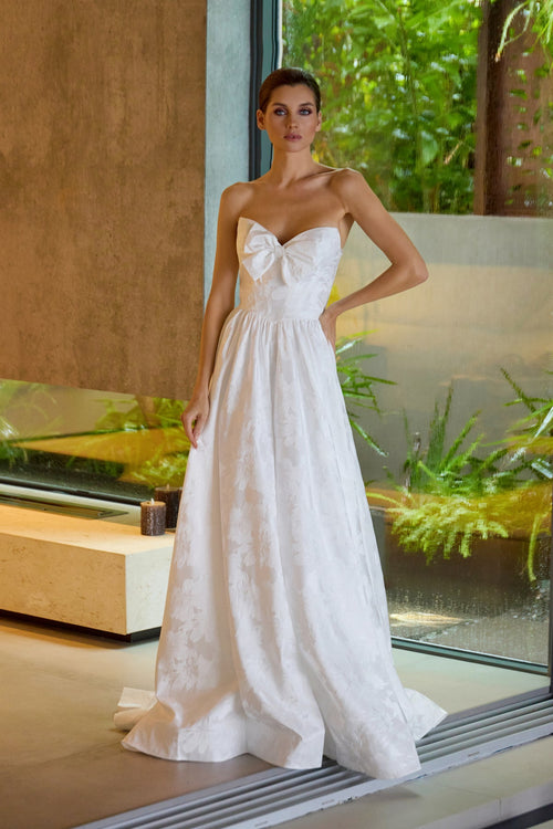 Juliet 2700A White Strapless Bow Ball Gown with A-Line Skirt and Sweetheart Neckline