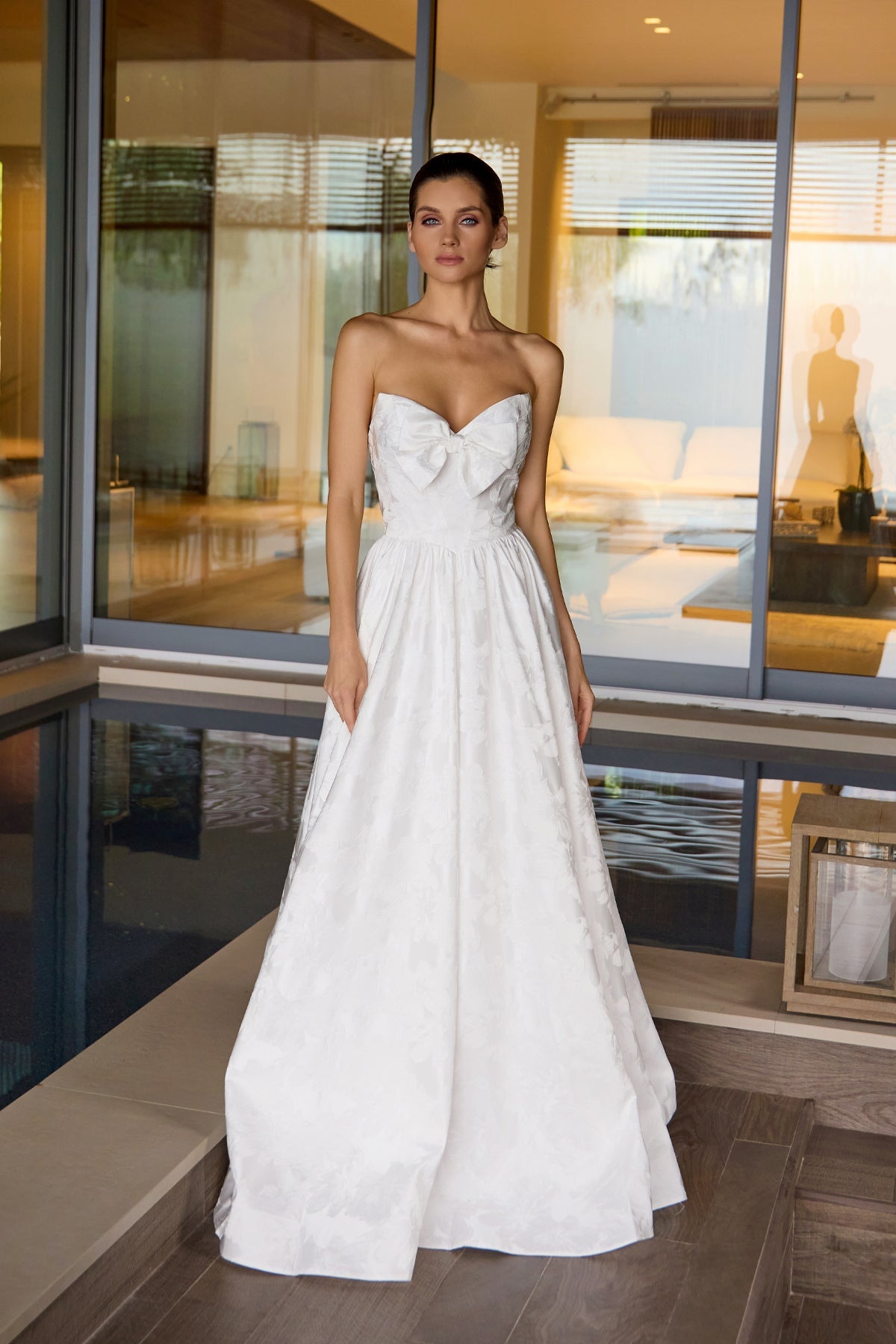 Juliet 2700A White Strapless Bow Ball Gown with A-Line Skirt and Sweetheart Neckline