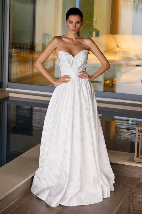 Juliet 2700A White Strapless Bow Ball Gown with A-Line Skirt and Sweetheart Neckline