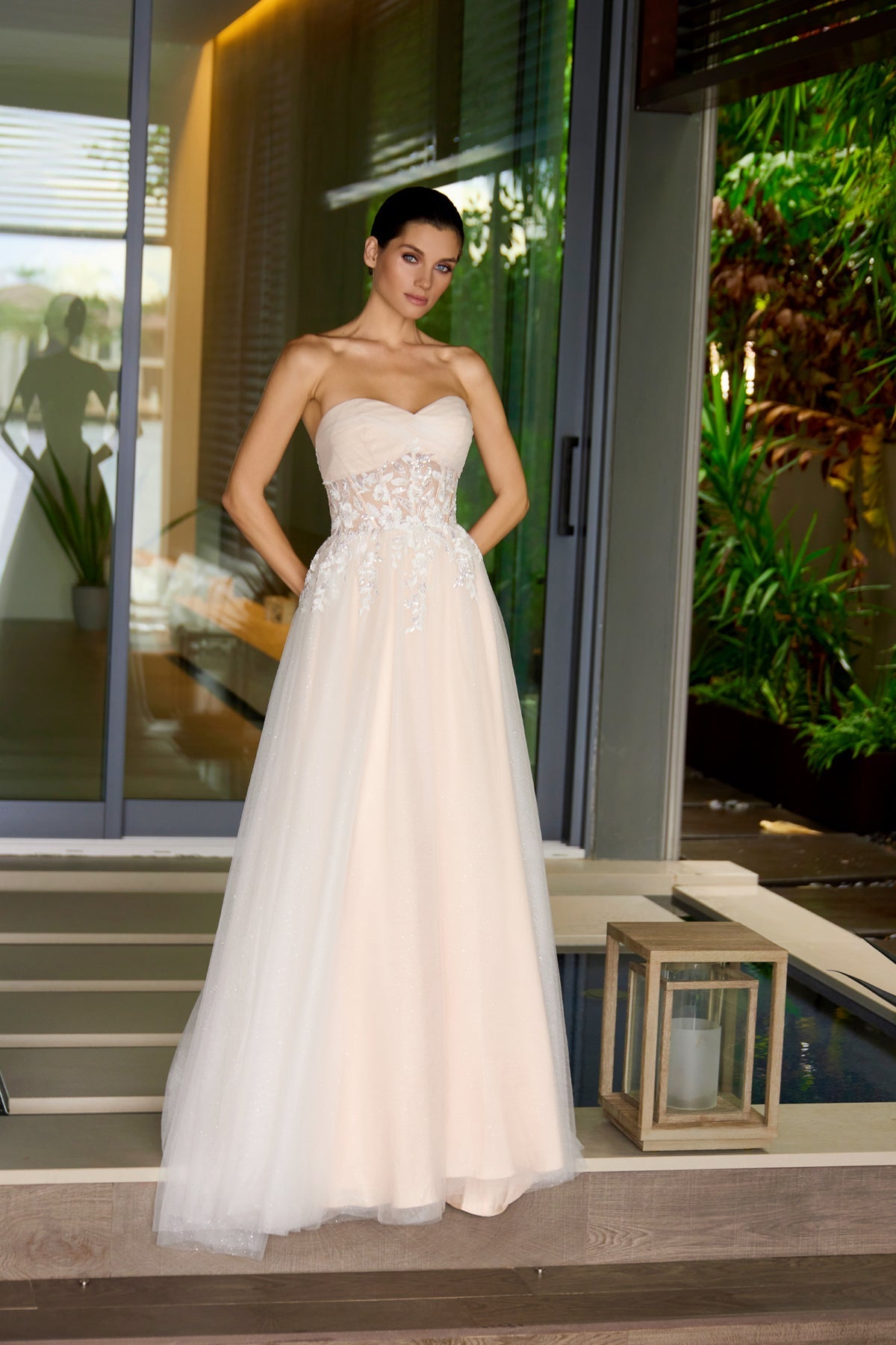 Juliet 2702A Applique Mesh Strapless Gown with A-Line Skirt and Sweetheart Neckline