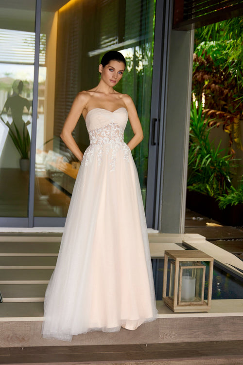 Juliet 2702A Applique Mesh Strapless Gown with A-Line Skirt and Sweetheart Neckline