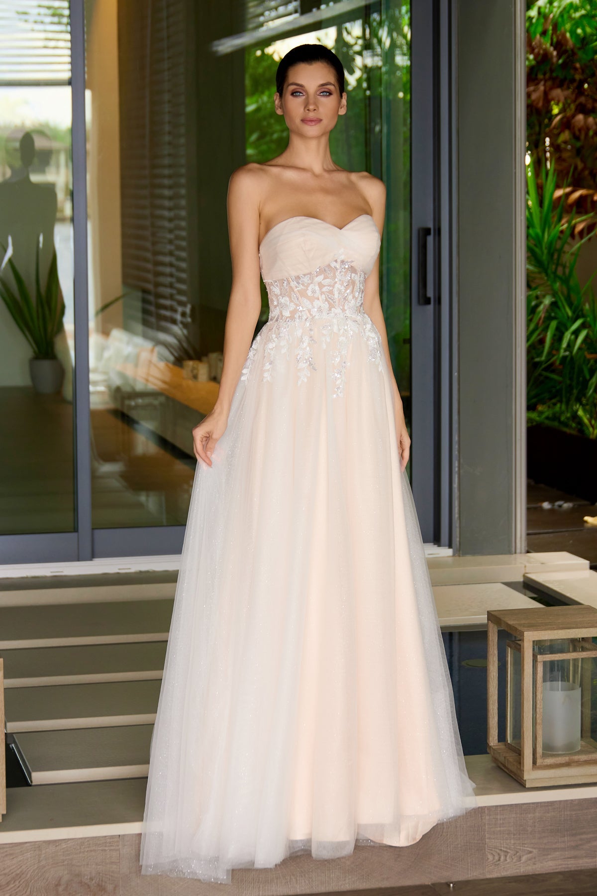 Juliet 2702A Applique Mesh Strapless Gown with A-Line Skirt and Sweetheart Neckline