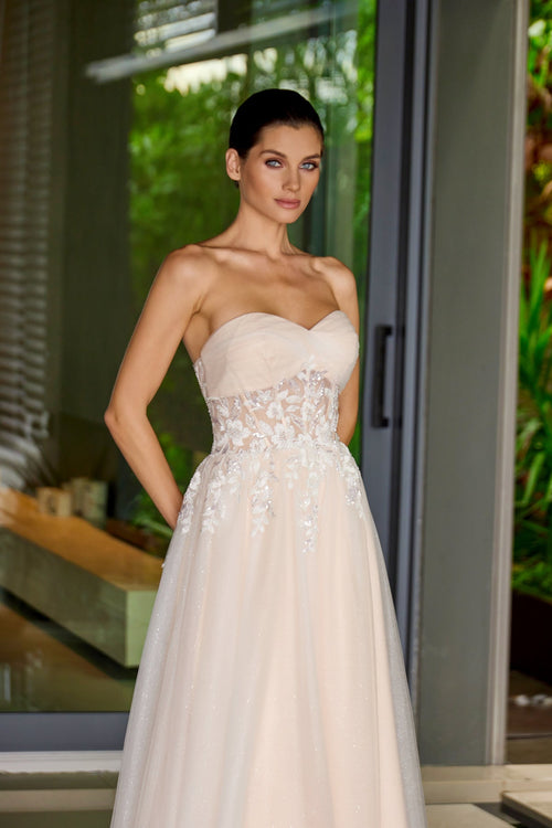 Juliet 2702A Applique Mesh Strapless Gown with A-Line Skirt and Sweetheart Neckline