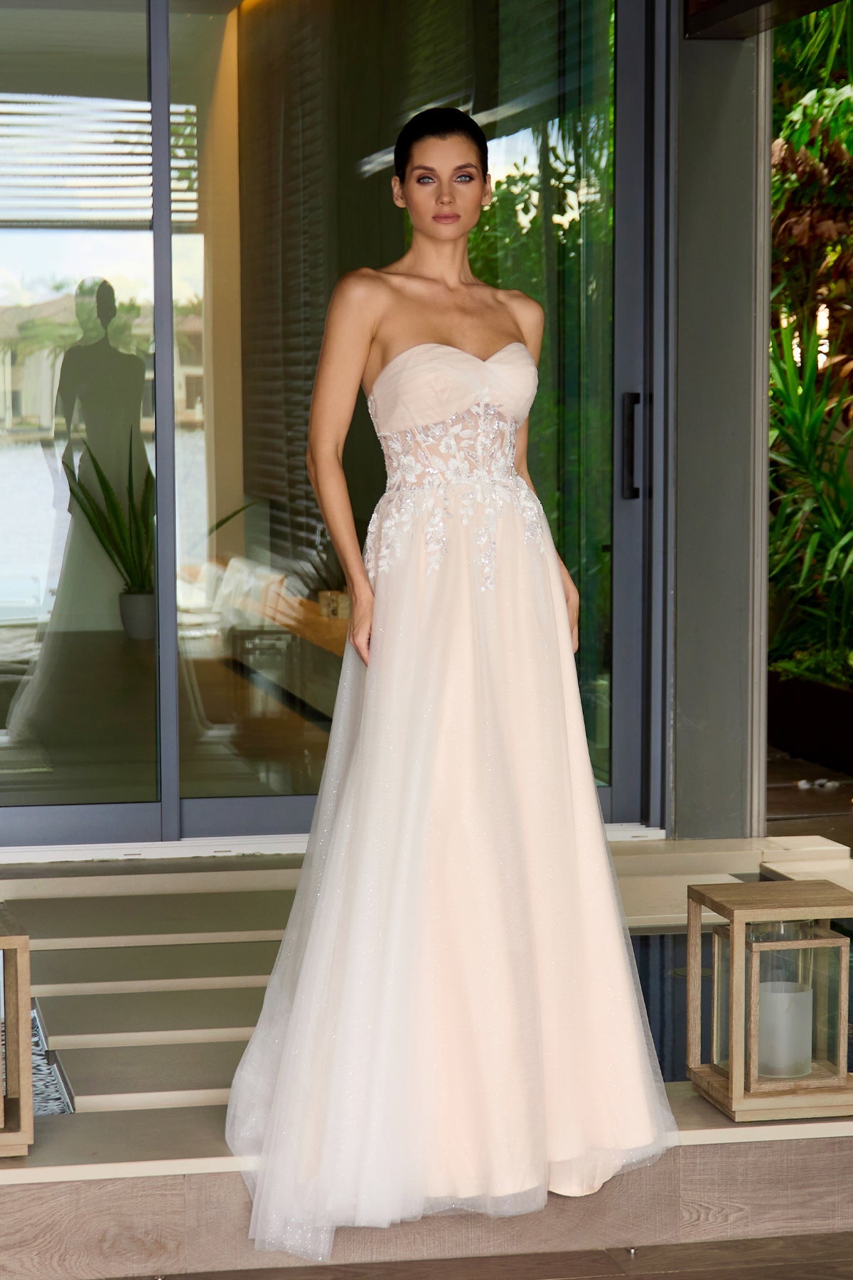 Juliet 2702A Applique Mesh Strapless Gown with A-Line Skirt and Sweetheart Neckline