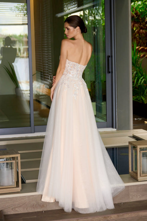 Juliet 2702A Applique Mesh Strapless Gown with A-Line Skirt and Sweetheart Neckline