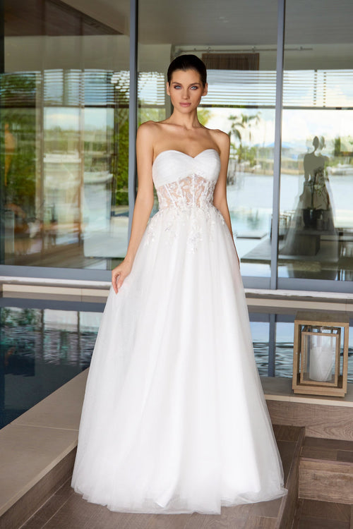 Juliet 2702A Applique Mesh Strapless Gown with A-Line Skirt and Sweetheart Neckline
