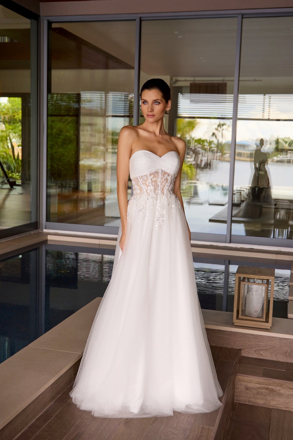 Juliet 2702A Applique Mesh Strapless Gown with A-Line Skirt and Sweetheart Neckline