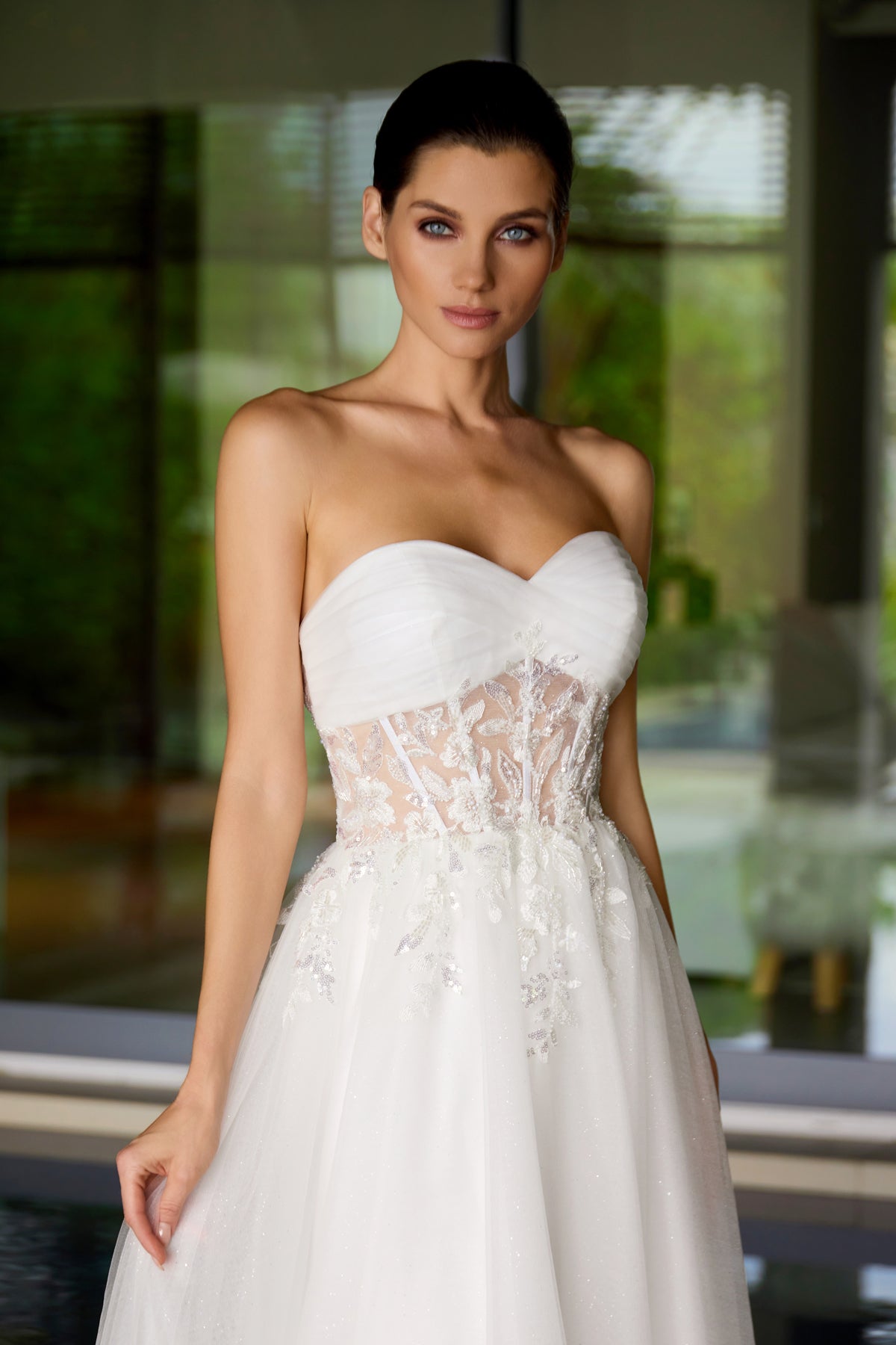 Juliet 2702A Applique Mesh Strapless Gown with A-Line Skirt and Sweetheart Neckline