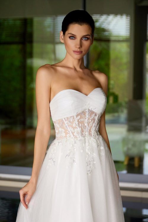 Juliet 2702A Applique Mesh Strapless Gown with A-Line Skirt and Sweetheart Neckline