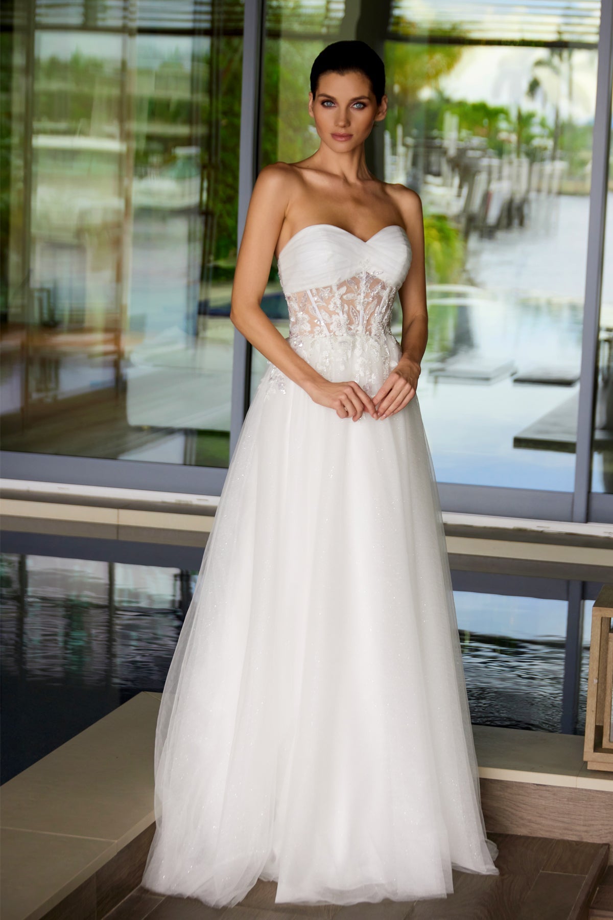Juliet 2702A Applique Mesh Strapless Gown with A-Line Skirt and Sweetheart Neckline