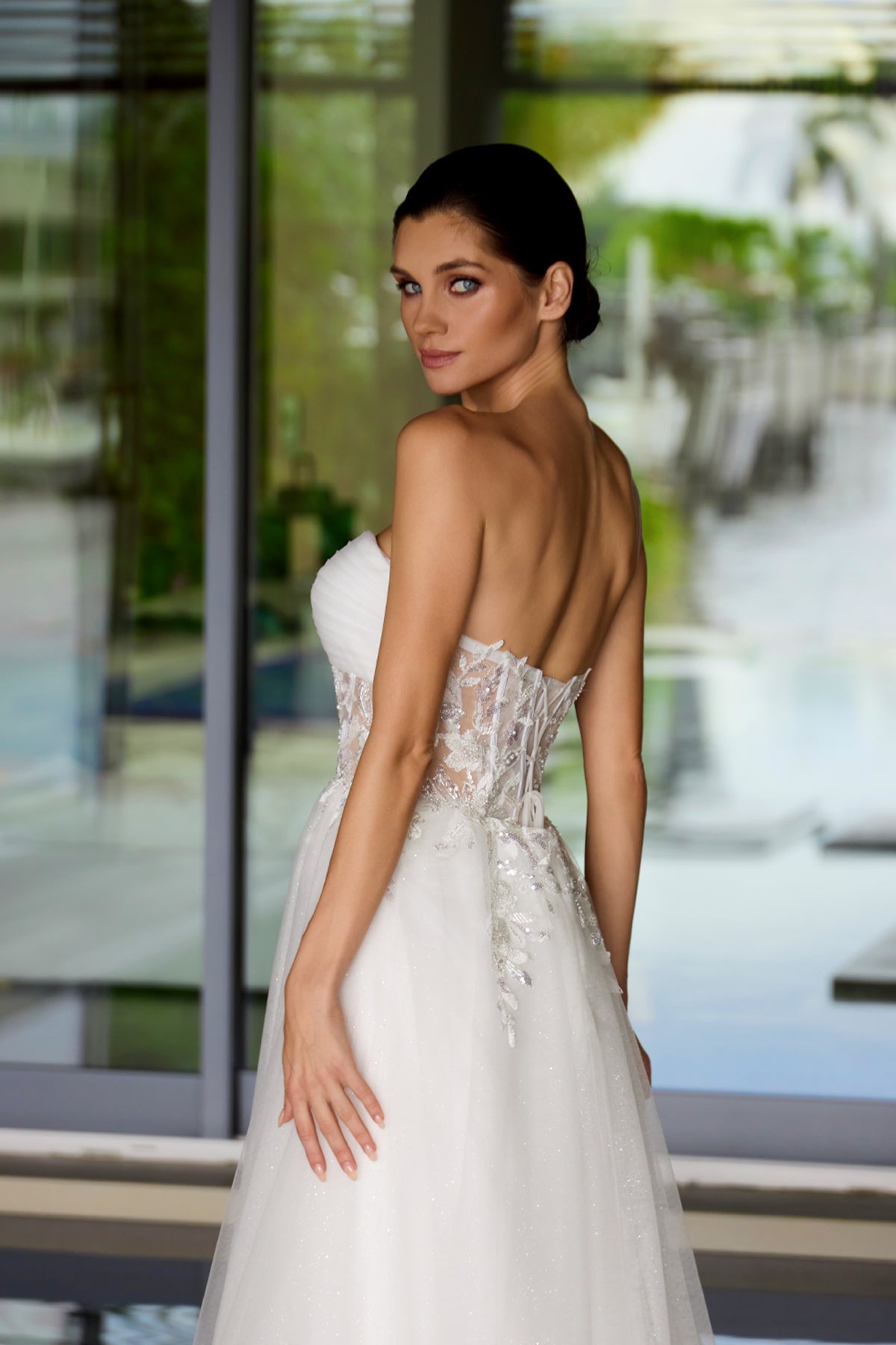 Juliet 2702A Applique Mesh Strapless Gown with A-Line Skirt and Sweetheart Neckline