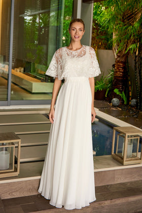 Juliet JTM21LW White Sleeveless Capelet Gown with A-Line Skirt and Square Neck Neckline
