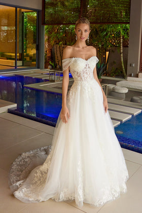 Juliet JT2634LW White Applique Off Shoulder Gown with A-Line Skirt and Sweetheart Neckline