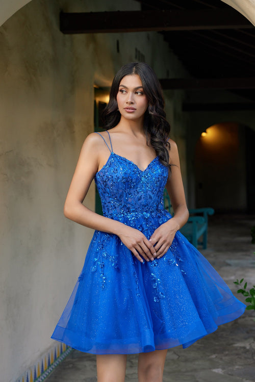 Juliet 988N Applique Short Sleeveless A-Line Dress with Sweetheart Neckline