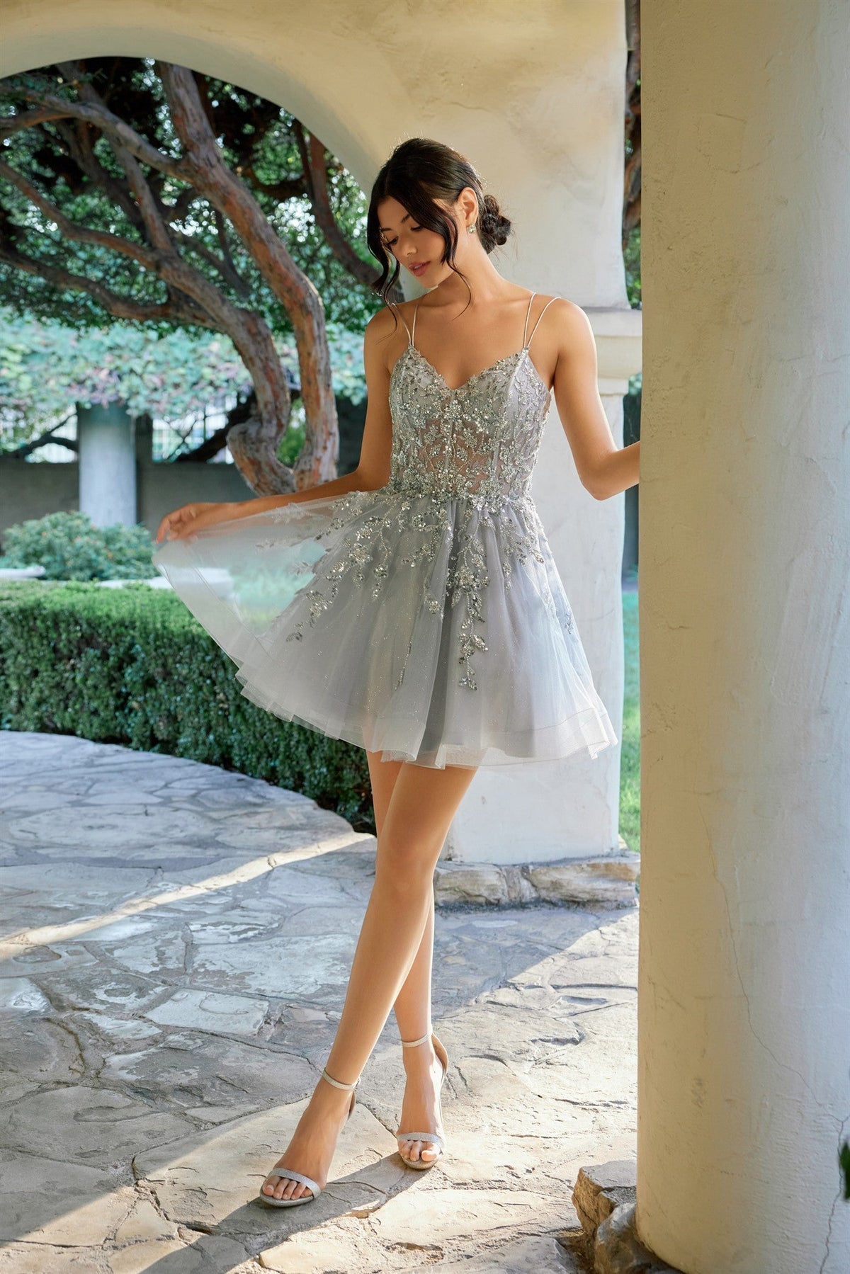 Juliet 988N Applique Short Sleeveless A-Line Dress with Sweetheart Neckline