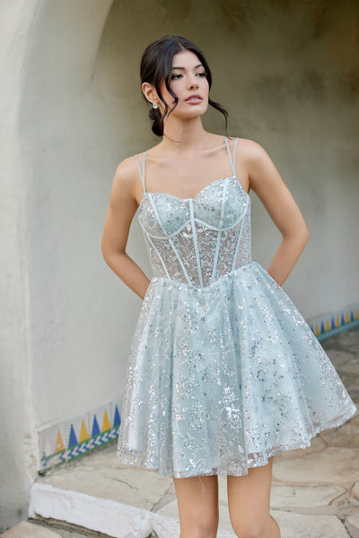 Juliet 977u Sequined Tulle Sweetheart Neckline Short Dress