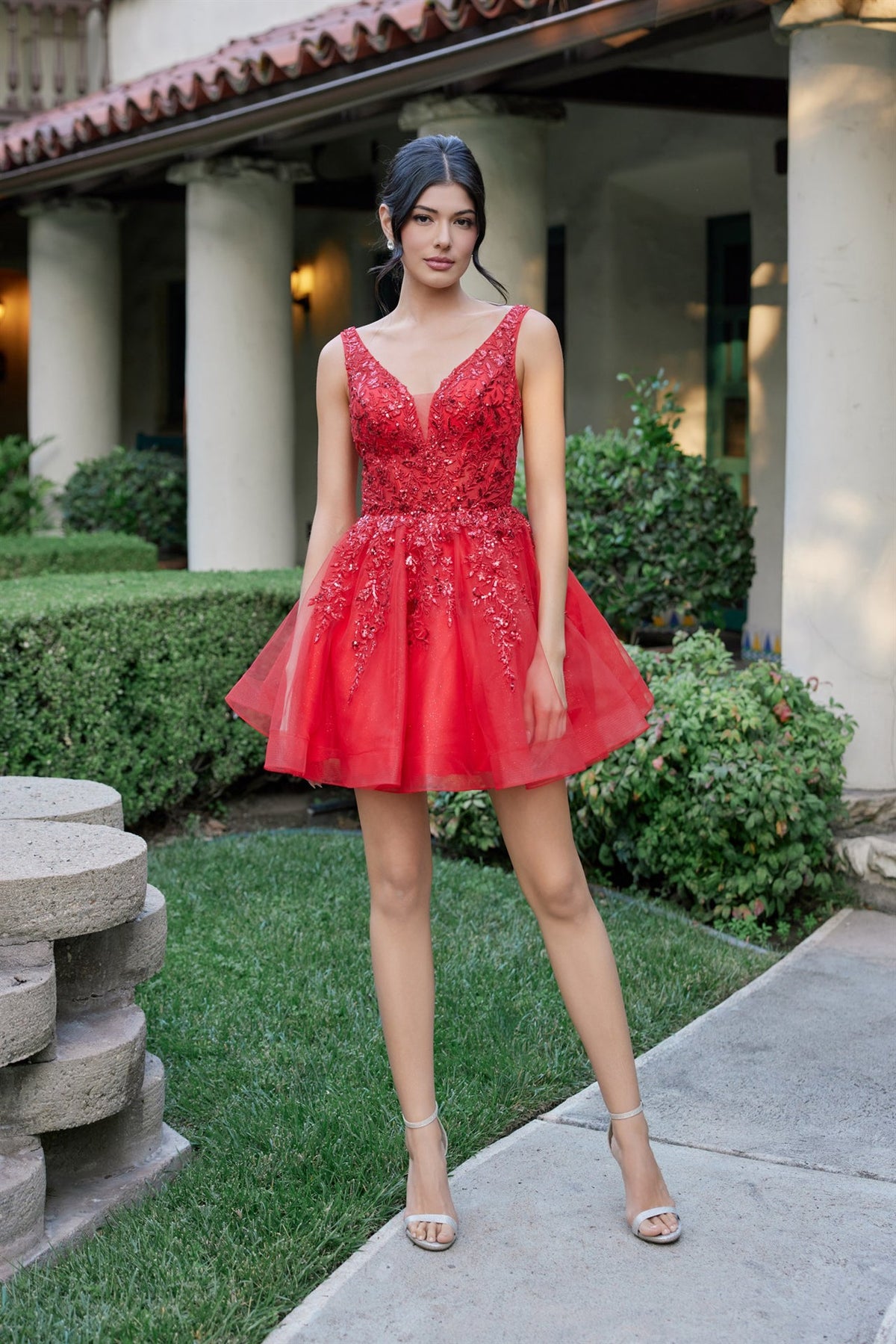 Juliet 987N Applique Short V-Neck A-Line Dress with Blush Pink