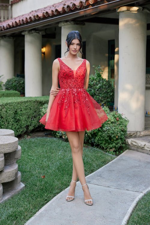 Juliet 987N Applique Short V-Neck A-Line Dress with Blush Pink