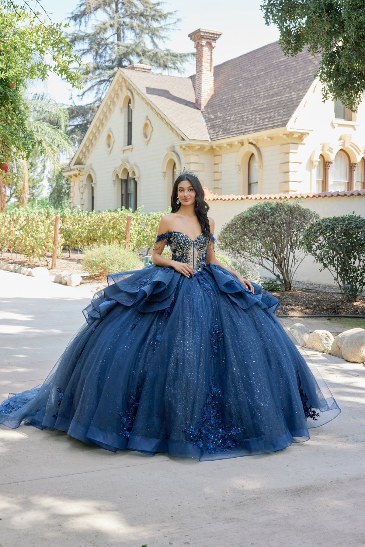 Juliet JT1501J Beaded Appliqué Glitter Tulle Off Shoulder Quince Dress Navy Blue / 6