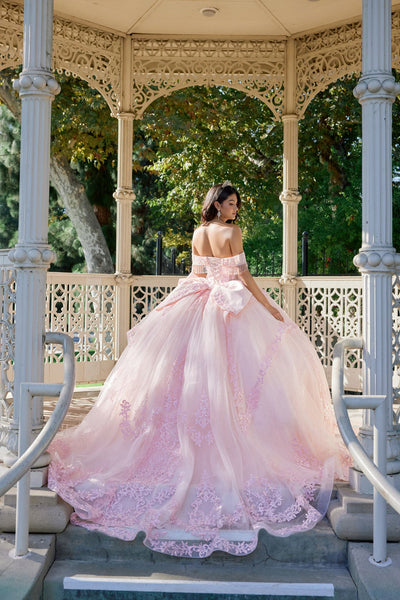 Juliet 1503J Off Shoulder Floral Lace Appliqué Glitter Tulle Quinceanera Dress