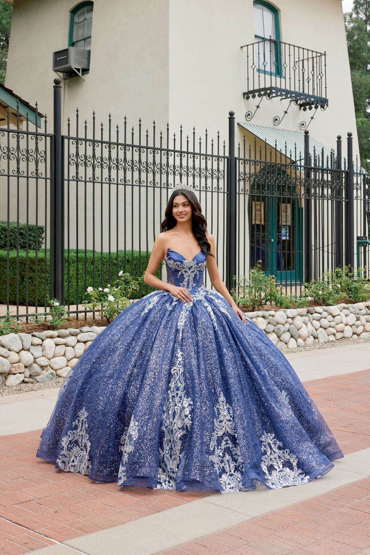 Strapless Applique Glitter Tulle Ball Gown Dress 1512H by Juliet Navy Blue / 8