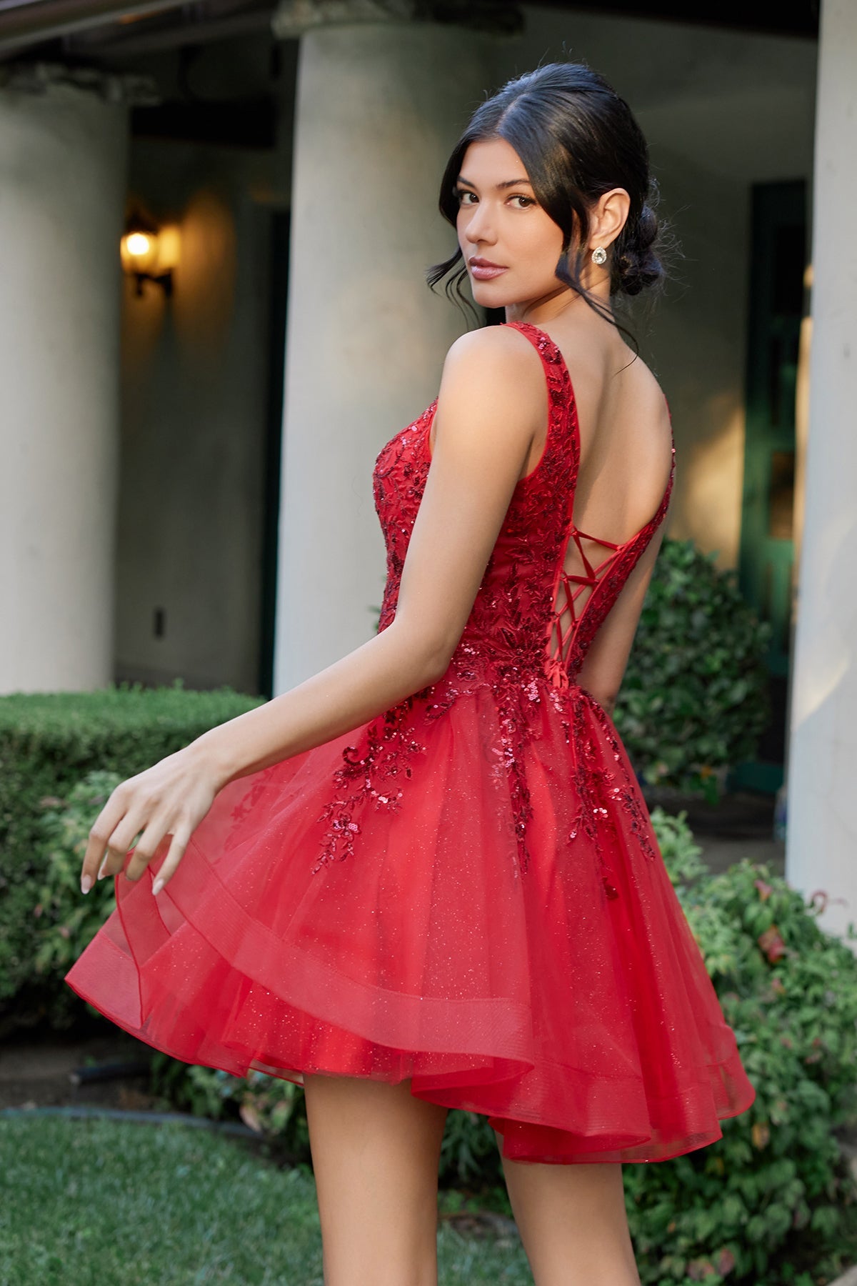 Juliet 987N Applique Short V-Neck A-Line Dress with Blush Pink