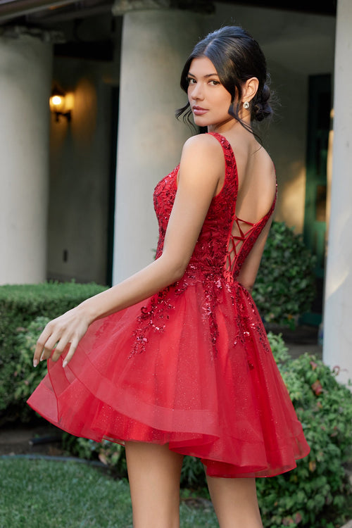 Juliet 987N Applique Short V-Neck A-Line Dress with Blush Pink