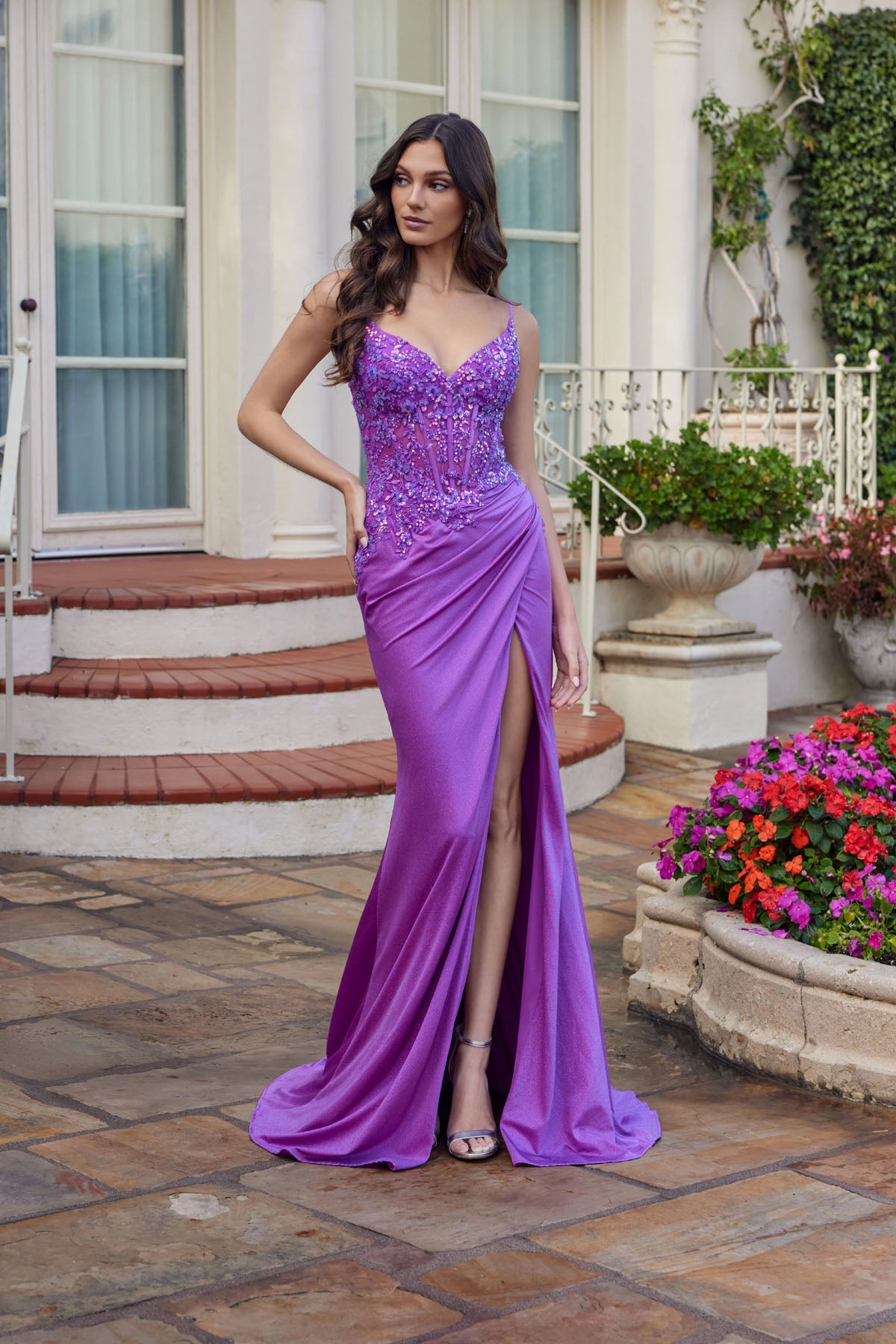 Juliet 2613N Applique Fitted Sleeveless Slit Gown with Sweetheart Neckline