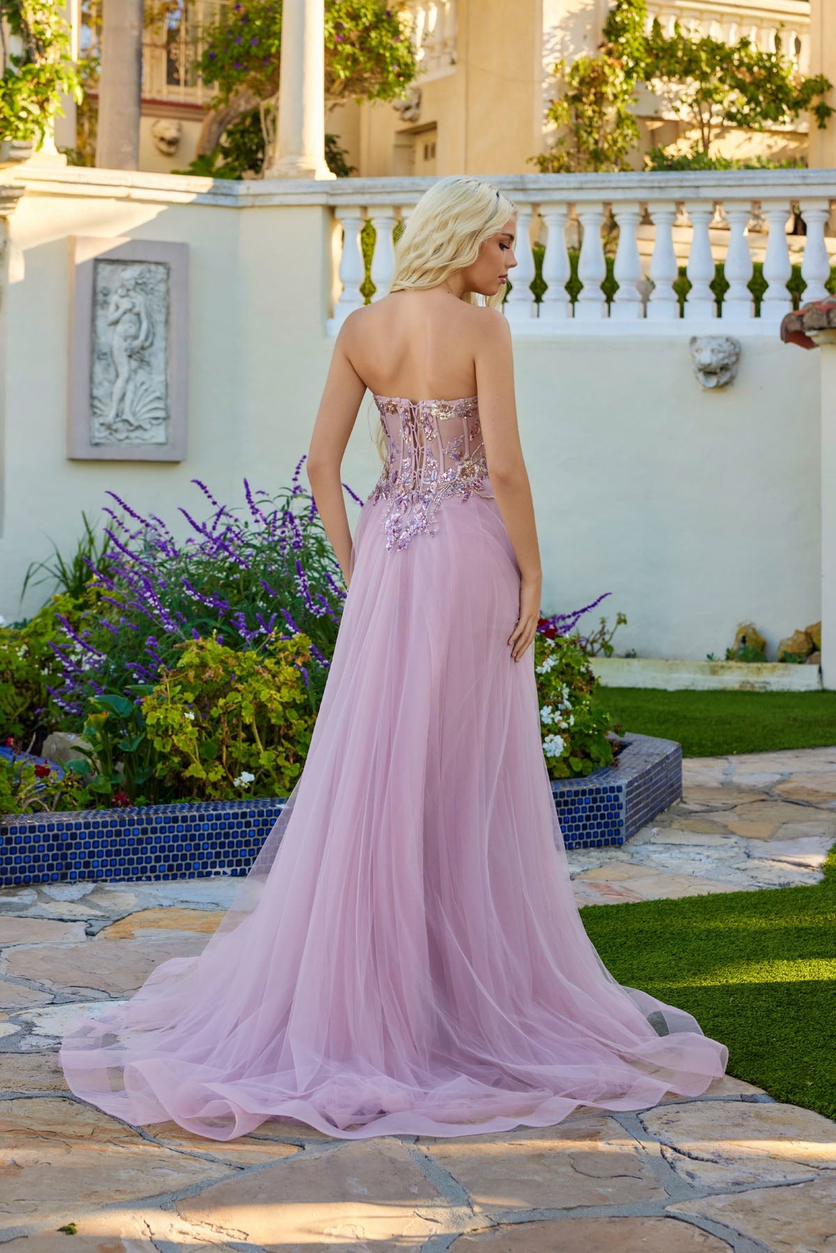 Juliet 2640G Beaded Sweetheart A-Line Slit Gown with Strapless illusion sweetheart bodice with defined cups