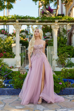 Juliet 2640G Beaded Sweetheart A-Line Slit Gown with Strapless illusion sweetheart bodice with defined cups