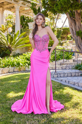 Juliet 2648K Beaded Fitted Strapless Slit Gown with Sweetheart Neckline