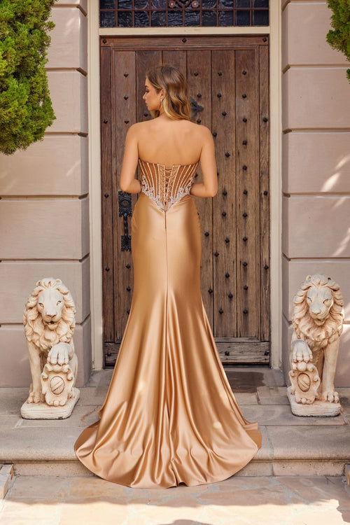 Juliet 2654K Beaded Fitted Strapless Slit Gown with Sweetheart Neckline