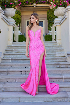 Juliet 2673R Beaded Fitted Strapless Slit Gown with Sweetheart Neckline