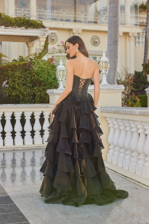 Juliet 2664S Strapless A-Line Ruffled Slit Gown with Sweetheart Neckline