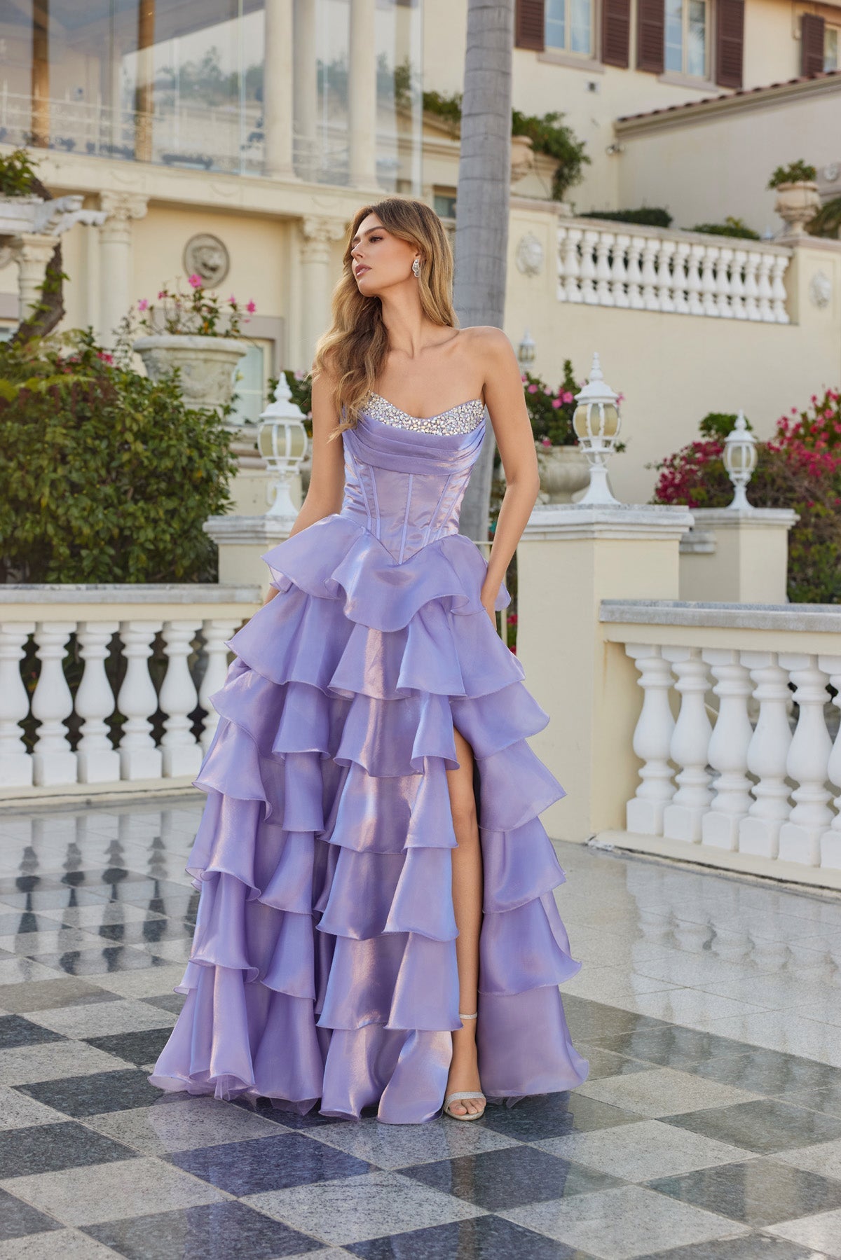 Juliet 2664S Strapless A-Line Ruffled Slit Gown with Sweetheart Neckline