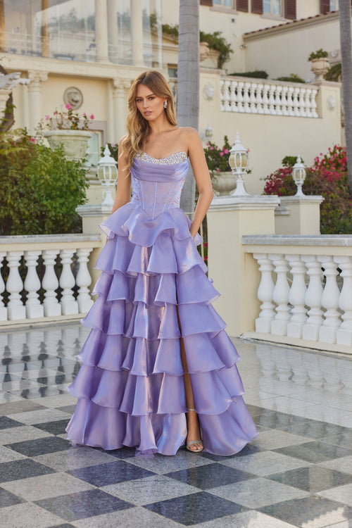 Juliet 2664S Strapless A-Line Ruffled Slit Gown with Sweetheart Neckline