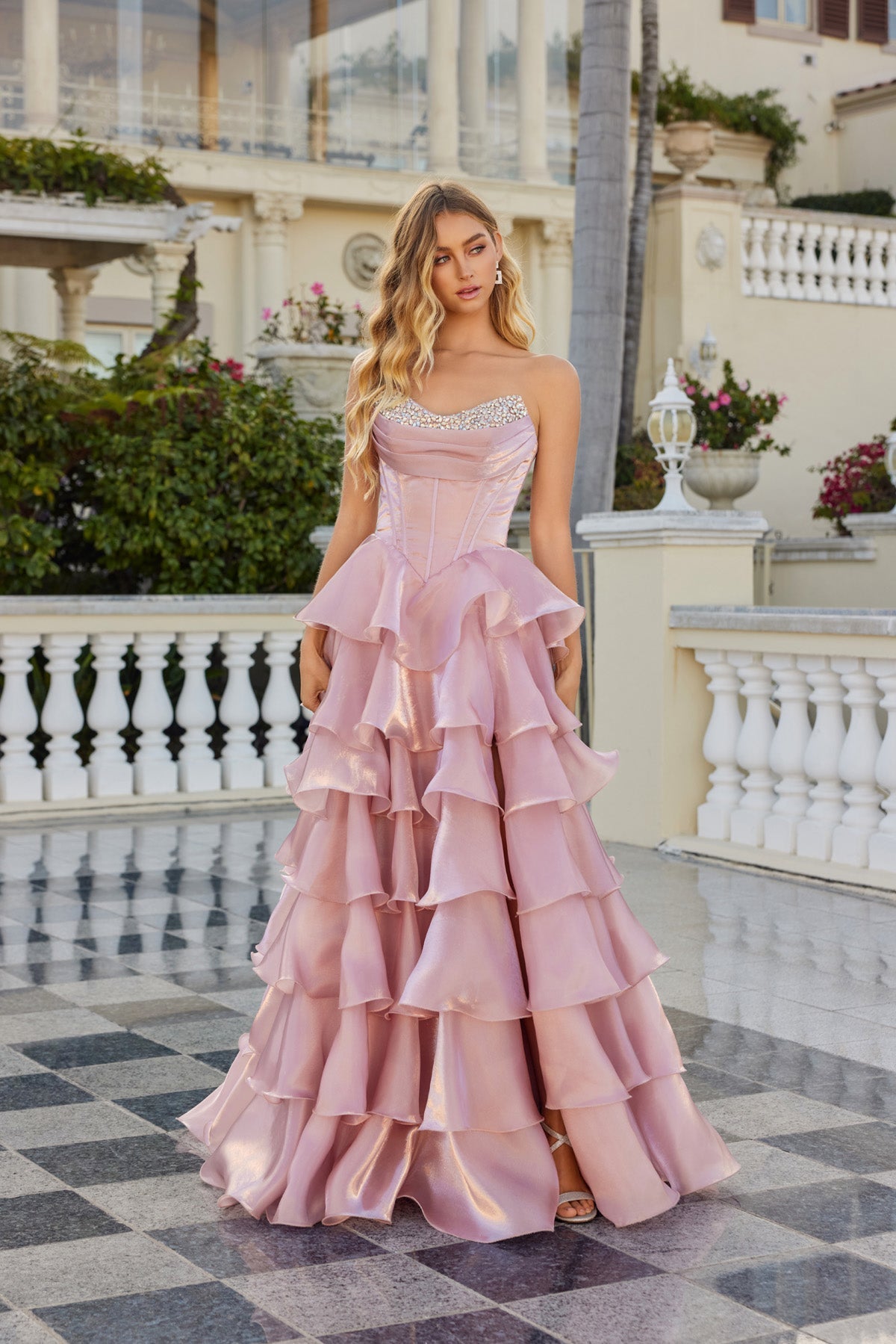 Juliet 2664S Strapless A-Line Ruffled Slit Gown with Sweetheart Neckline