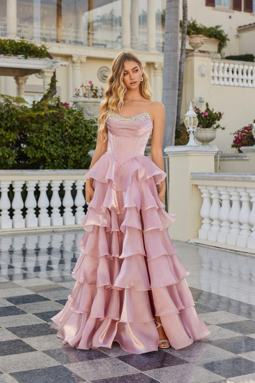 Juliet 2664S Strapless A-Line Ruffled Slit Gown with Sweetheart Neckline