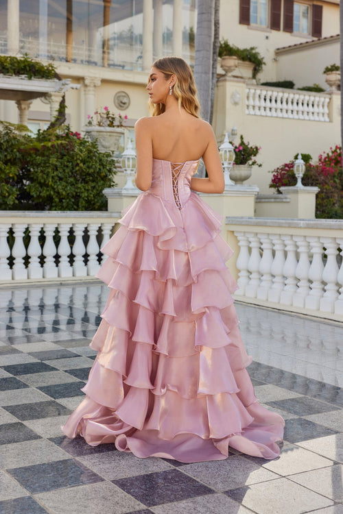 Juliet 2664S Strapless A-Line Ruffled Slit Gown with Sweetheart Neckline