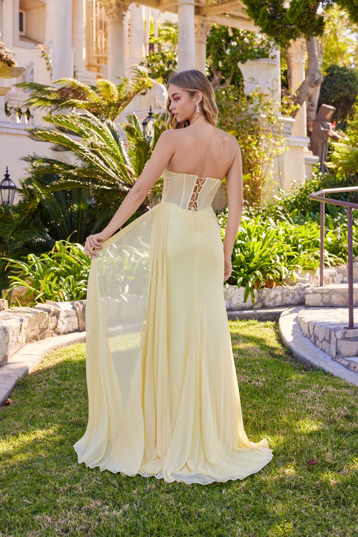 Juliet 2684A Mesh Fitted Strapless Slit Gown with Sweetheart Neckline