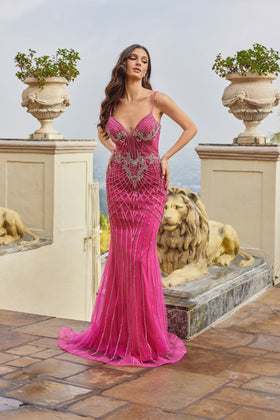 Juliet 2709T Beaded V-Neck Mermaid Dress with Fitted Silhouette and Sweetheart Neckline