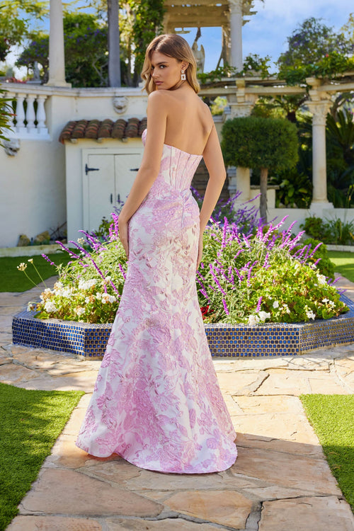 Juliet 2737A Brocade Fitted Strapless Slit Gown with Sweetheart Neckline