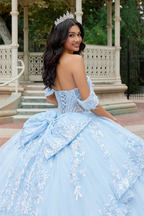 Juliet 1498J Floral Applique Glitter Tulle Off Shoulder Quinceanera Dress