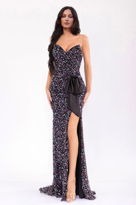 Juliet 2703A Sequin Fitted Strapless Slit Gown with Sweetheart Neckline